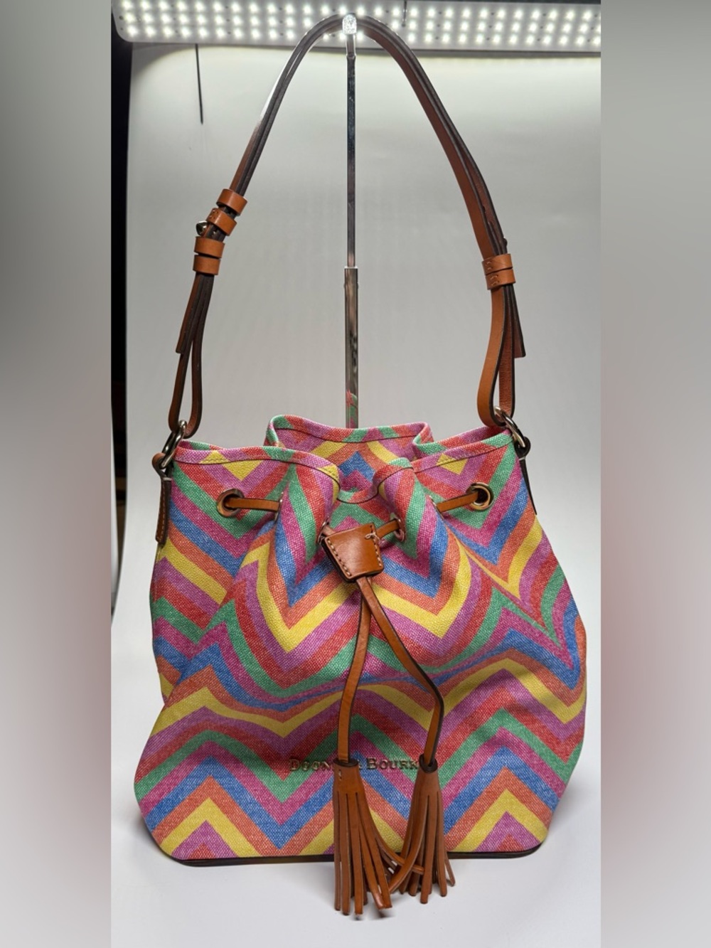 READ Dooney & Bourke Rainbow Chevron Bucket Bag Multicolor Leather Trim Tassel